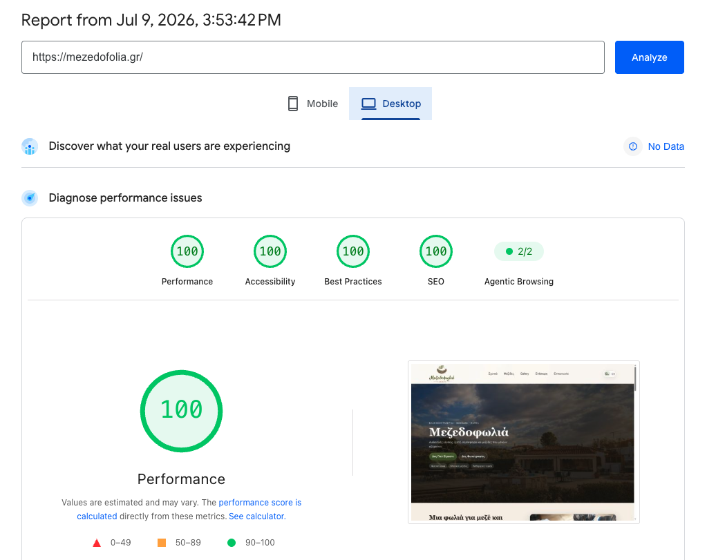Google PageSpeed report για mezedofolia.gr - 100/100/100/100
