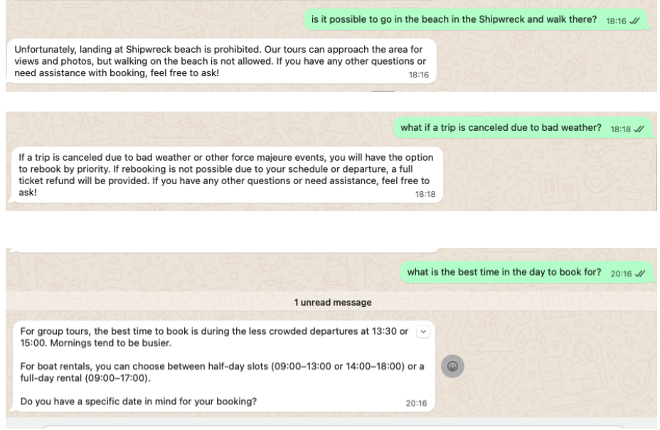WhatsApp AI απαντά σε συχνές ερωτήσεις για tours και rentals