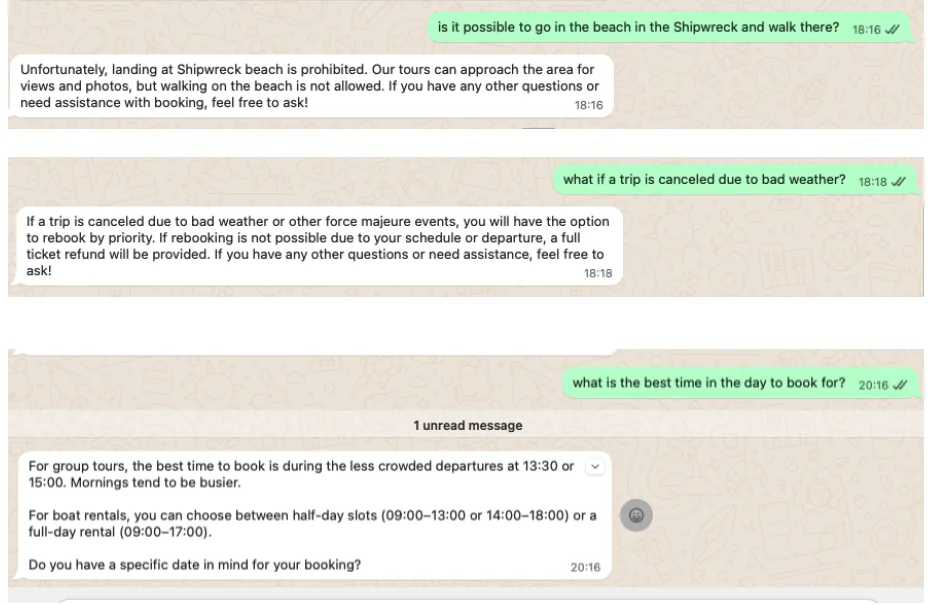 Τρεις ερωτήσεις επισκεπτών στο WhatsApp και οι απαντήσεις του βοηθού: αν επιτρέπεται η αποβίβαση στην παραλία του Ναυαγίου, τι γίνεται αν ακυρωθεί εκδρομή λόγω καιρού, ποια ώρα είναι καλύτερη για κράτηση